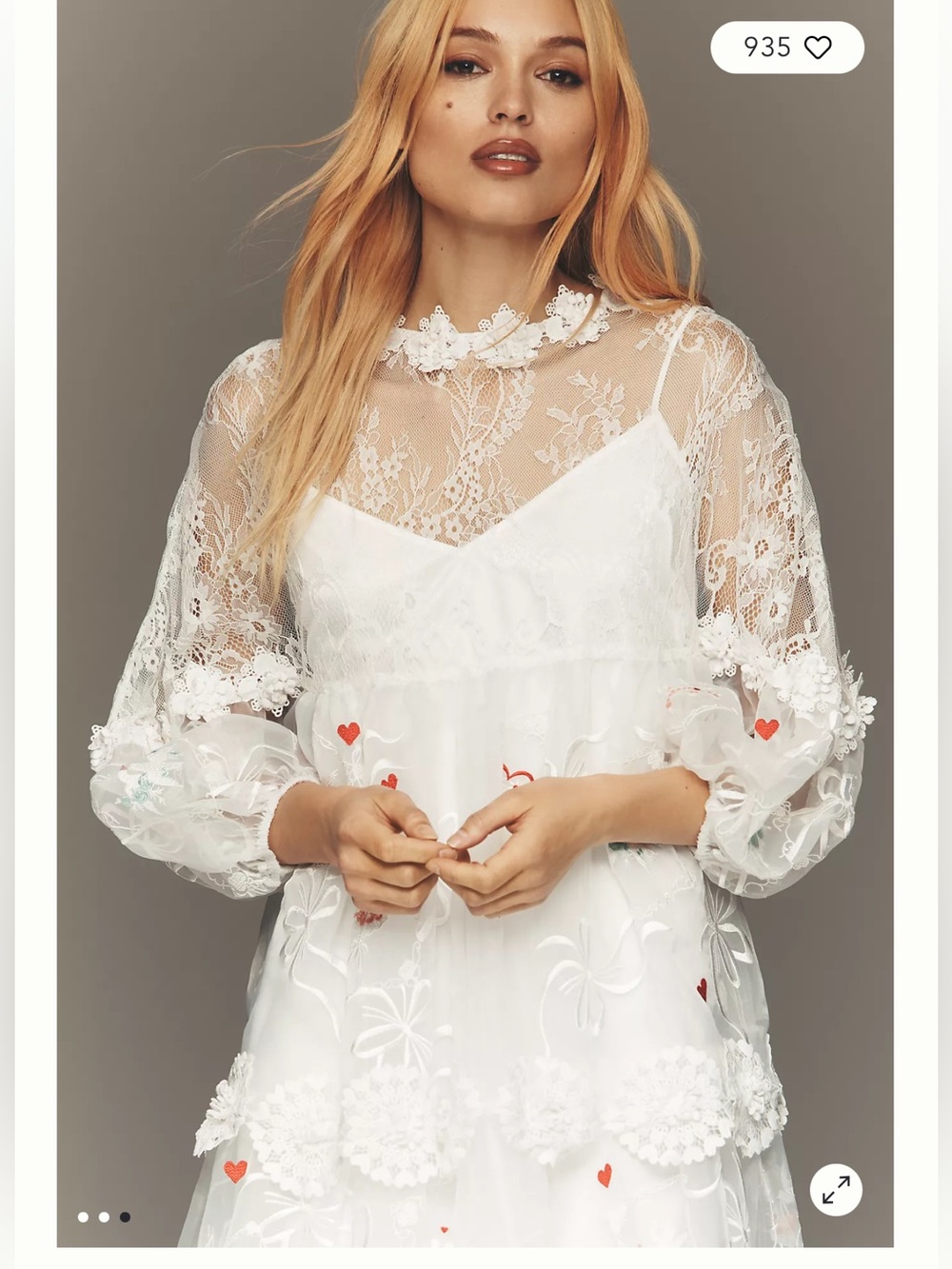 Maeve Sheer 3D Floral Long-Sleeve V-Neck Embroidered Hearts Dove Maxi Dress XL - Picture 3 of 11